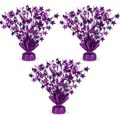 PMU 3 Pack Bursting Star Metallic Foil Spray Centerpiece- Purple Prismatic Balloon Weights, Party Table Decorations Centerpiece for Birthdays