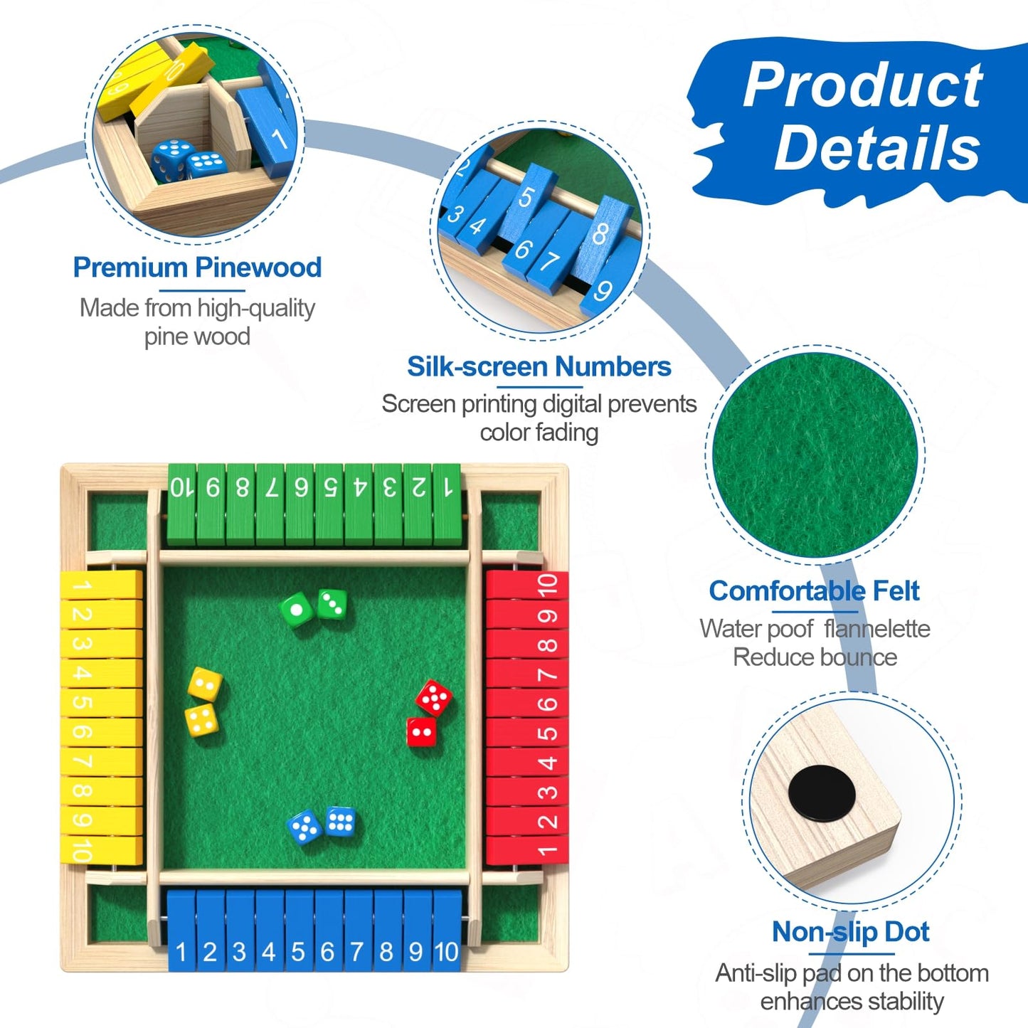 Shut the Box Game, Wooden Board Tabletop Dice Game for 2-4 Players & Kids Adults, a Fun Math Learning Toy for Family Game Night - an Ideal Made from