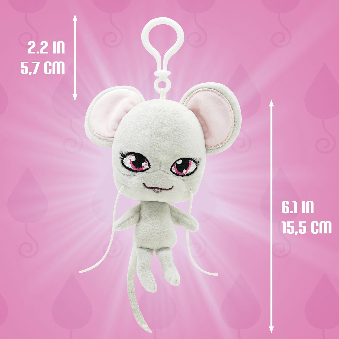 Miraculous Ladybug Kwami 5-inch Lifesize Backpack Keychains - Mullo The Mouse Clip-On Toys - Portable Ladybug and Cat Noir Accessories, Keychain Plush