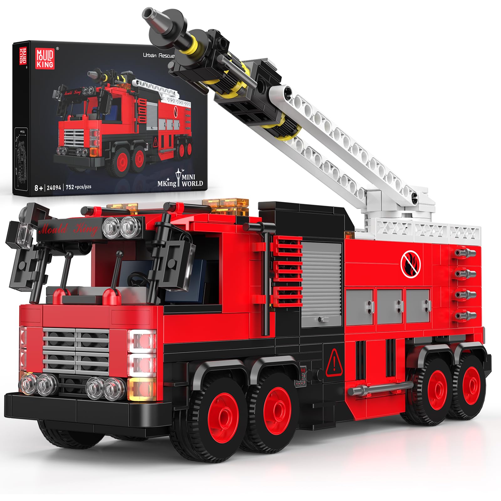 Mould King Ladder Fire Truck Building Set - 725+PCS STEM Toys for Kids & Adults, 24094 City Firetruck Building Bricks with Movable Ladder, Ideas