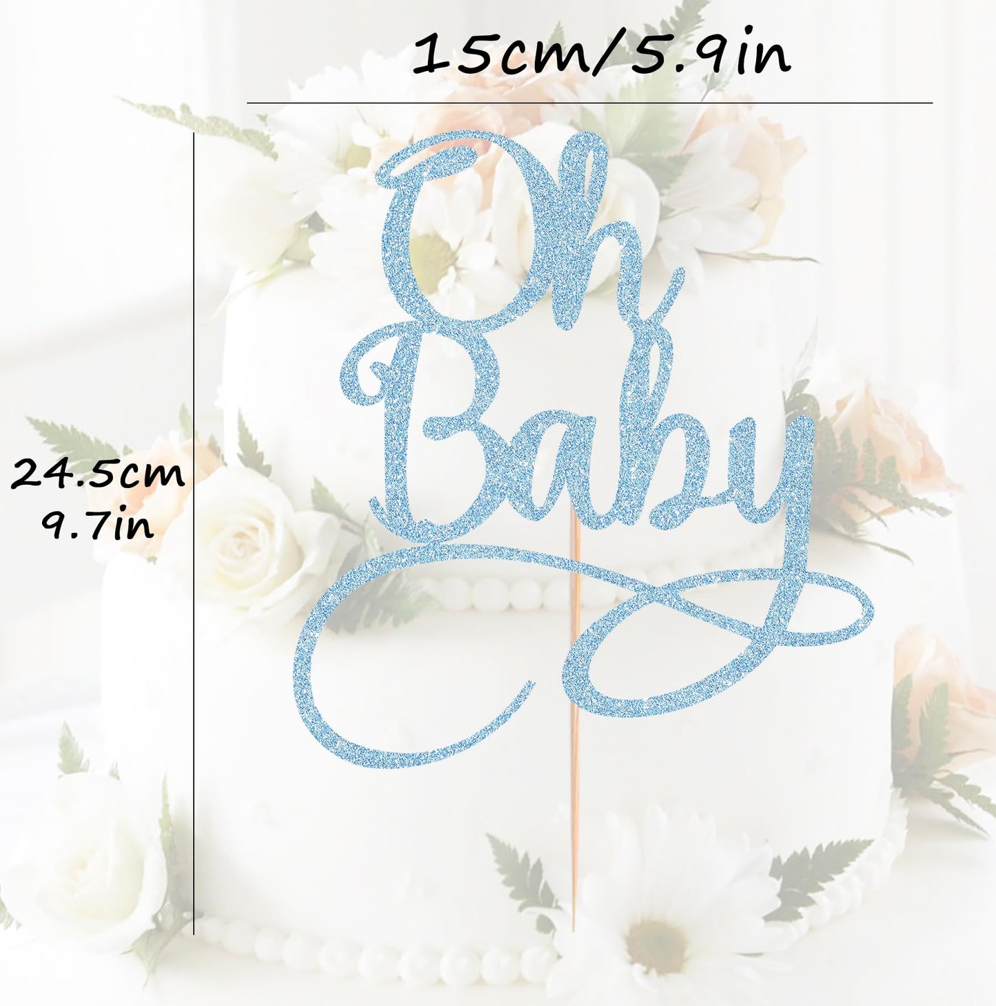 AHAORAY Oh Baby Cake Topper - Light Blue Glitter Baby Birthday Party Cake Decoration Supplies, for Baby Shower/Gender Reveal Party Photo Booth Props