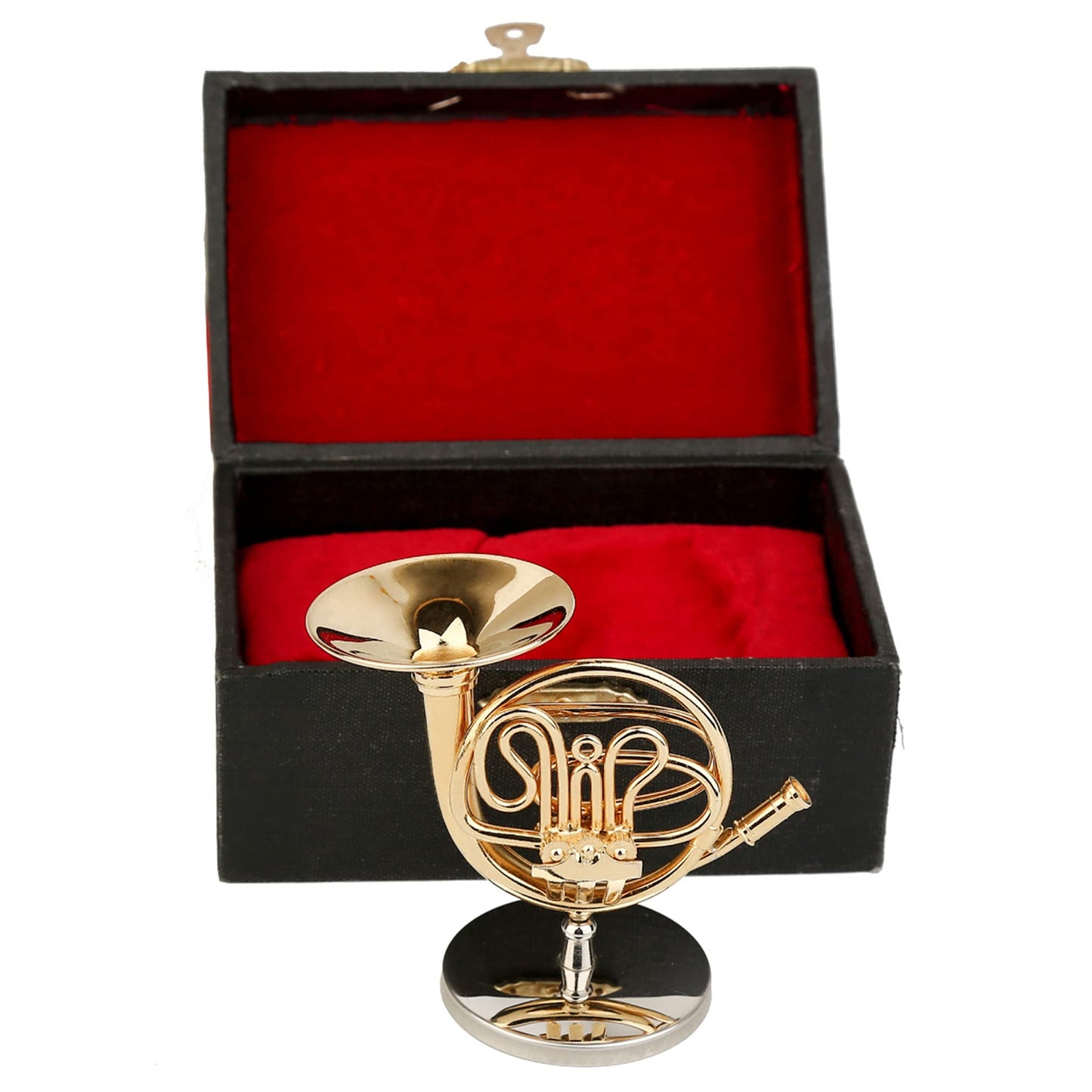 Dselvgvu Miniature French Horn with Stand and Case Brass Mini Musical Instrument French Horn Replica Collectible Figurines Dollhouse Accessories Model