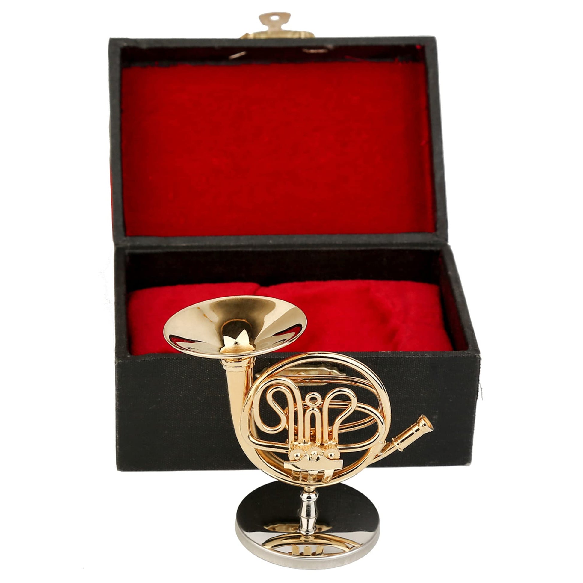 Dselvgvu Miniature French Horn with Stand and Case Brass Mini Musical Instrument French Horn Replica Collectible Figurines Dollhouse Accessories Model