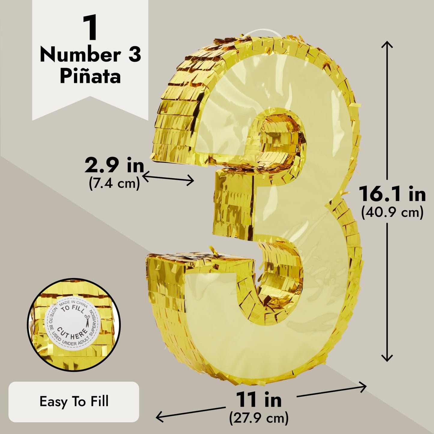 Juvale Gold Foil Number 3 Pinata - Spacious Candy & Toy Holder Birthday Pinata - Hangable Party Decor - 11.1 x 2.9 x 16.1 in, Paper, Gold