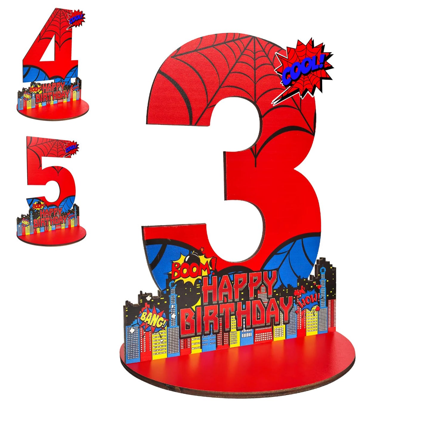 JHGCVX Spider 3rd Birthday Number Sign Centerpiece, Spider Theme 3rd Number Stand Sign, Wooden Table Decoration Photo Props for Spider 3rd Birthday