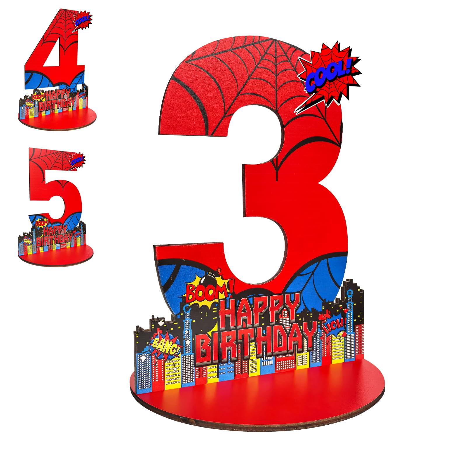 JHGCVX Spider 3rd Birthday Number Sign Centerpiece, Spider Theme 3rd Number Stand Sign, Wooden Table Decoration Photo Props for Spider 3rd Birthday
