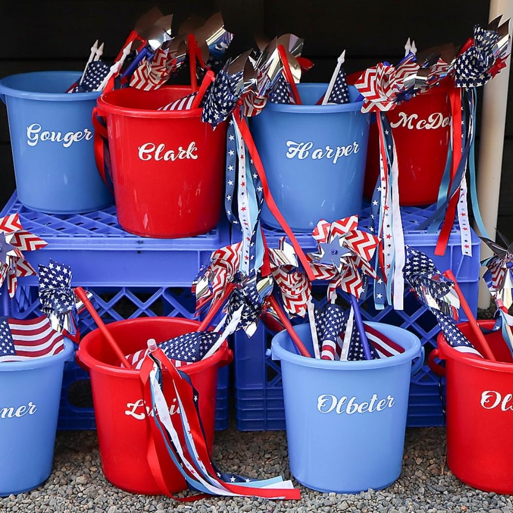 Fun Express Sand Toys for Toddlers 1-3 - Patriotic Red and Blue Plastic Buckets with Handles Set of 12 - Beach Toys for Kids Sand Castle Molds Beach