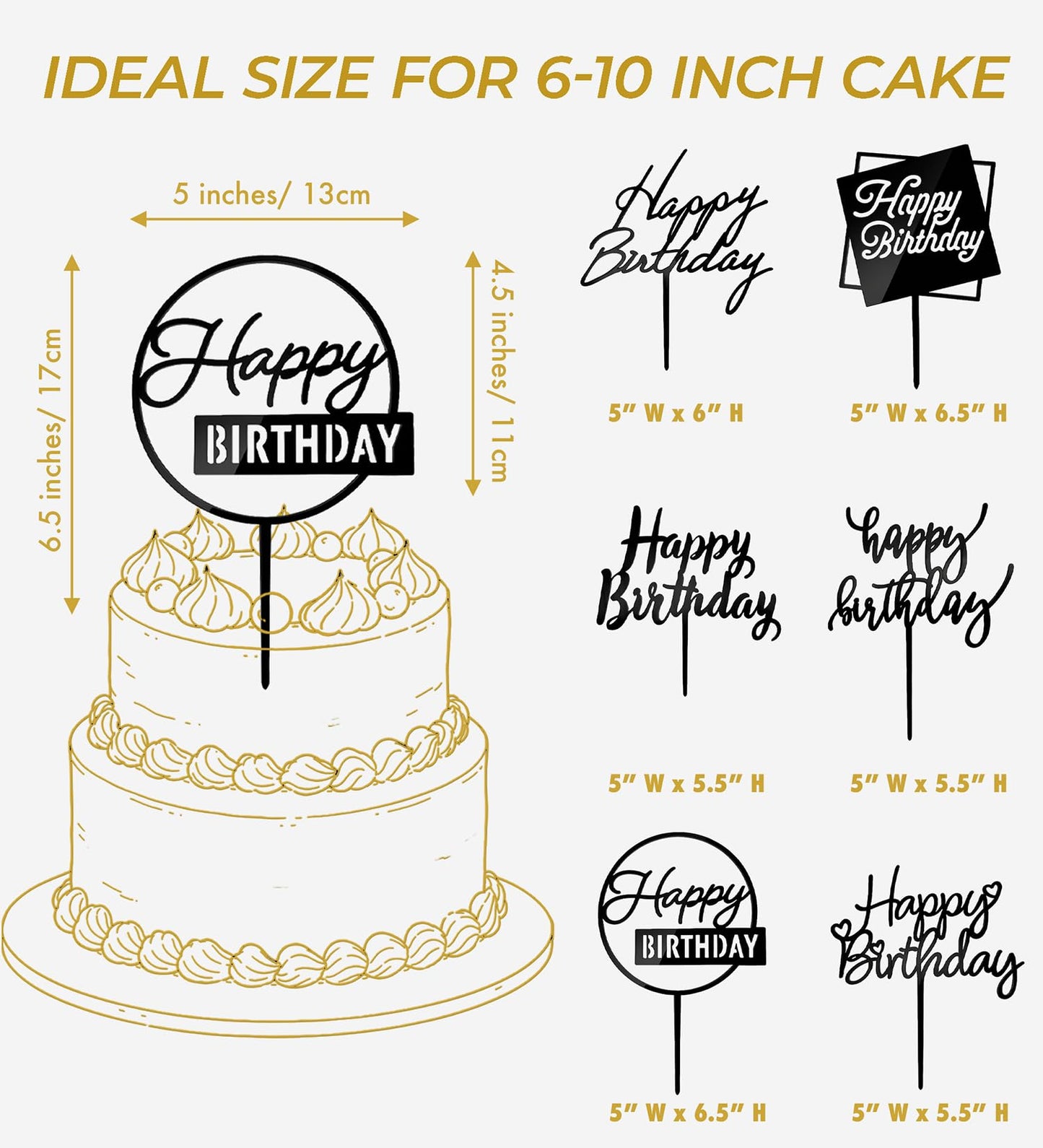 Apluselection 6 Pcs Black Happy Birthday Cake Toppers, 5" x 6.5" Acrylic Cake Decoration for Birthday Party