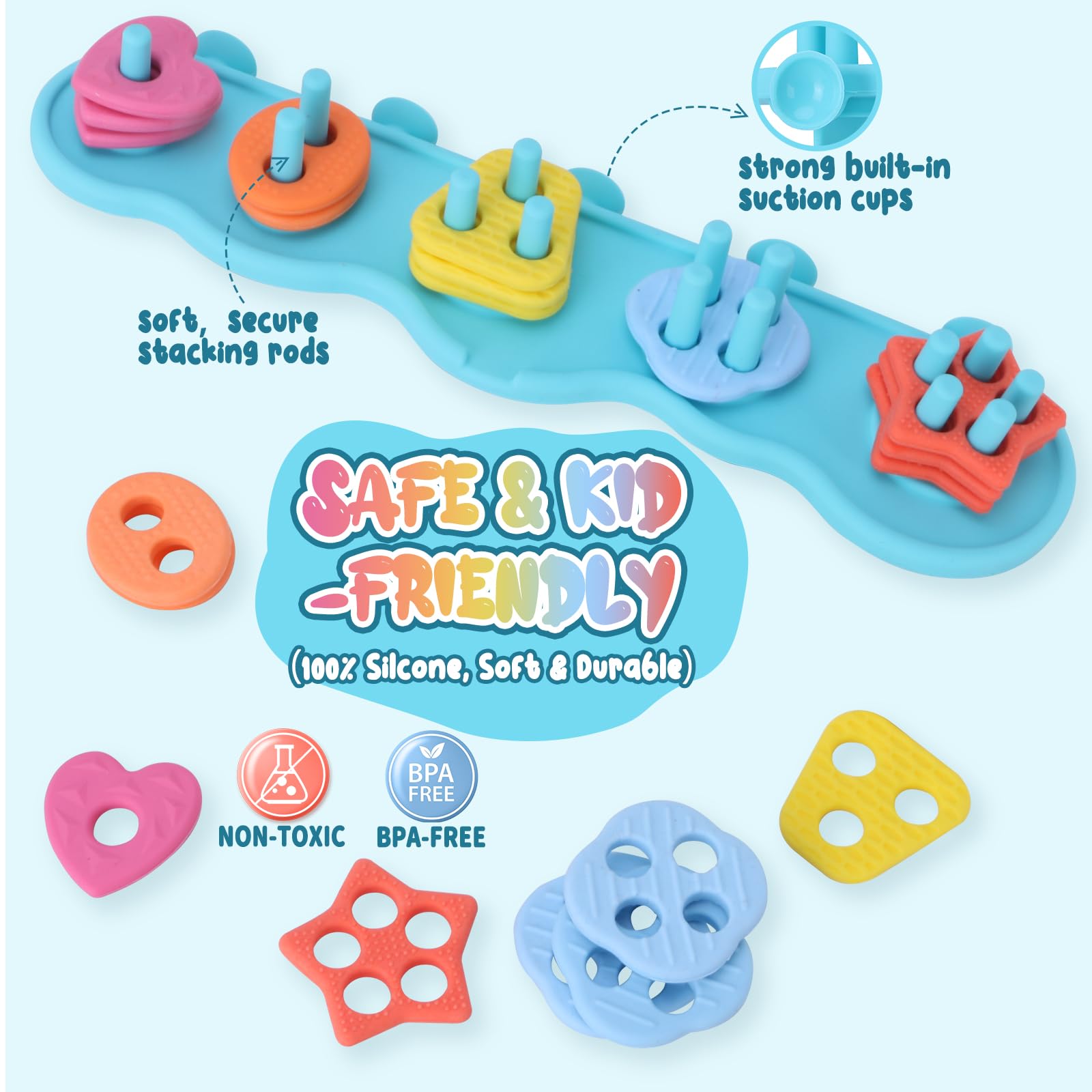 Baby Bath Toys, Mold Free Silcone Shape Sorting & Stacking Bath Toy Set with 20 Textured Floating Pieces, No Hole Design, Silicone Color & Shape