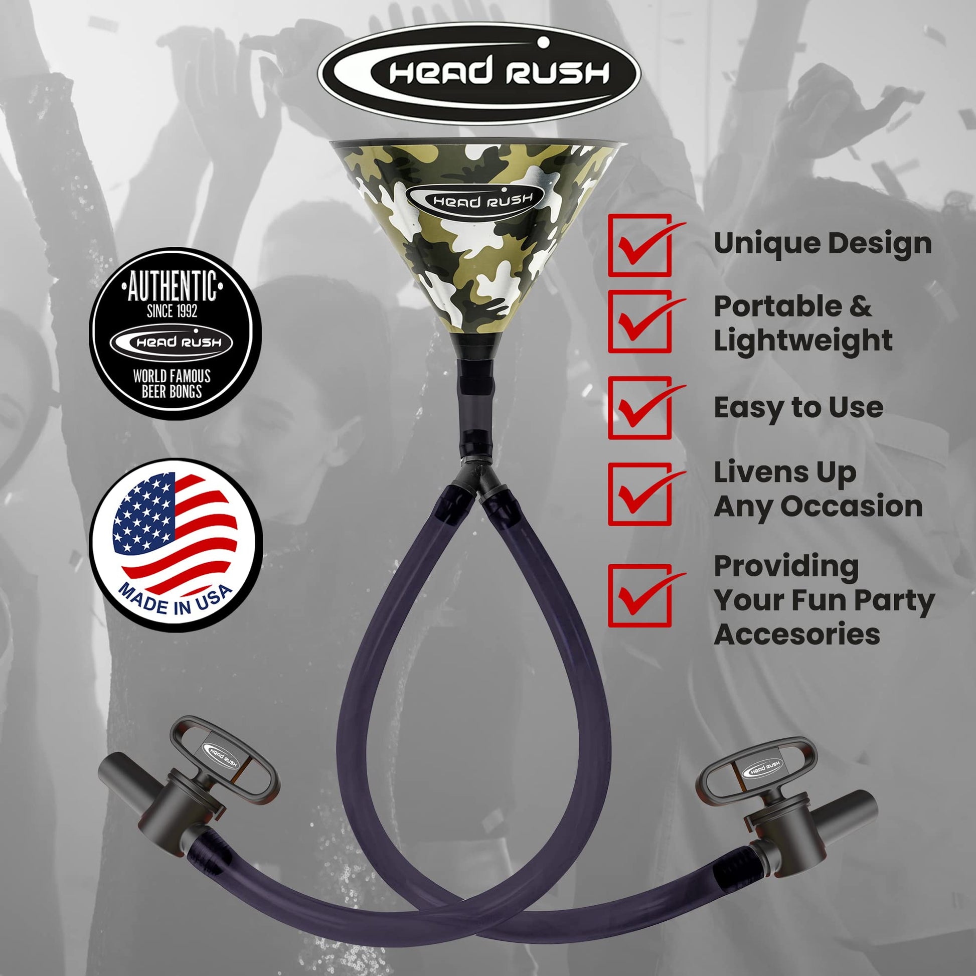 Head Rush Silver/Blue Double Header 2-Tube Beer Bong, 8" x 6.5" Plastic Funnel with Dual Flexible Hose, 2 2-ft Long Thick Tubes for Parties and Games