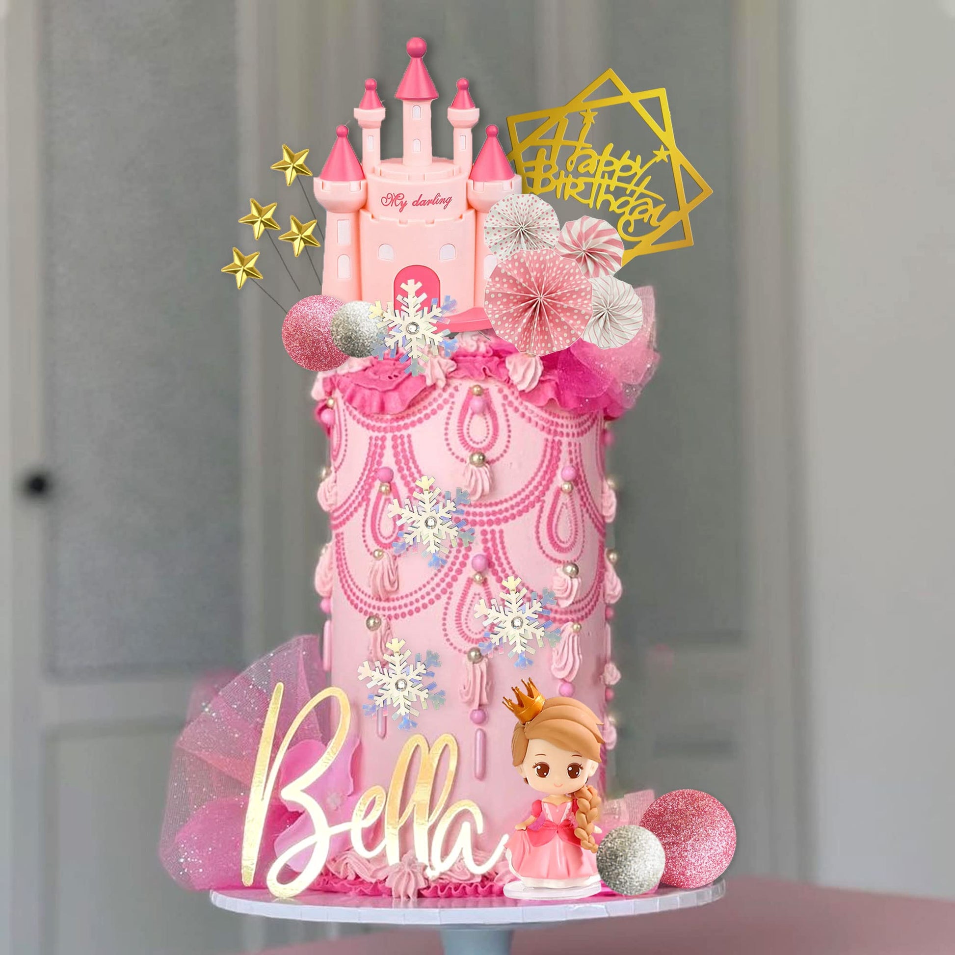 19 PCS Princess Cake Topper Castle Cake Decoration with Snowflake and Stars for Princess Birthday Supplies (Pink)