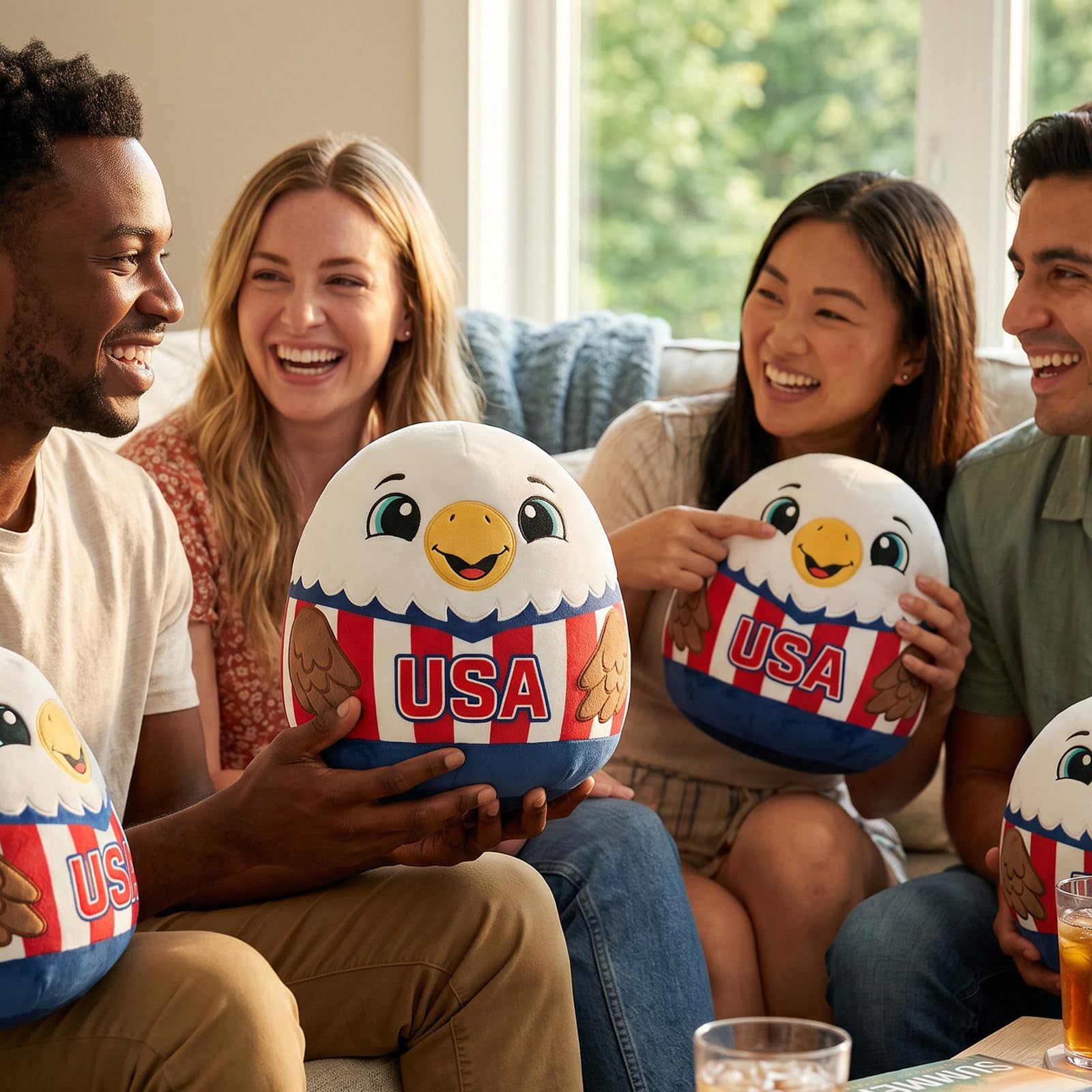 Qodwnep Cute Patriotic Eagle Plush Pillow, Patriotic Bald Eagle Stuffed Animal with American Flag Shirt, Soft Round Pillow Sports Fans and USA Room