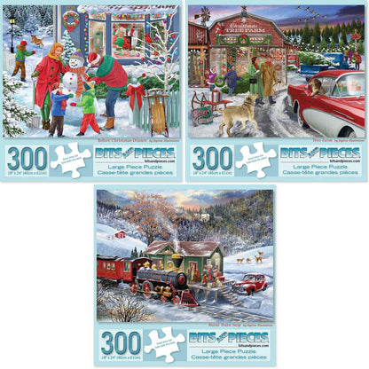 Bits and Pieces - Value Set of Three 300 Piece Jigsaw Puzzles for Adults - Home for The Holidays Jigsaw Puzzles by Artist Bigelow Illustrations