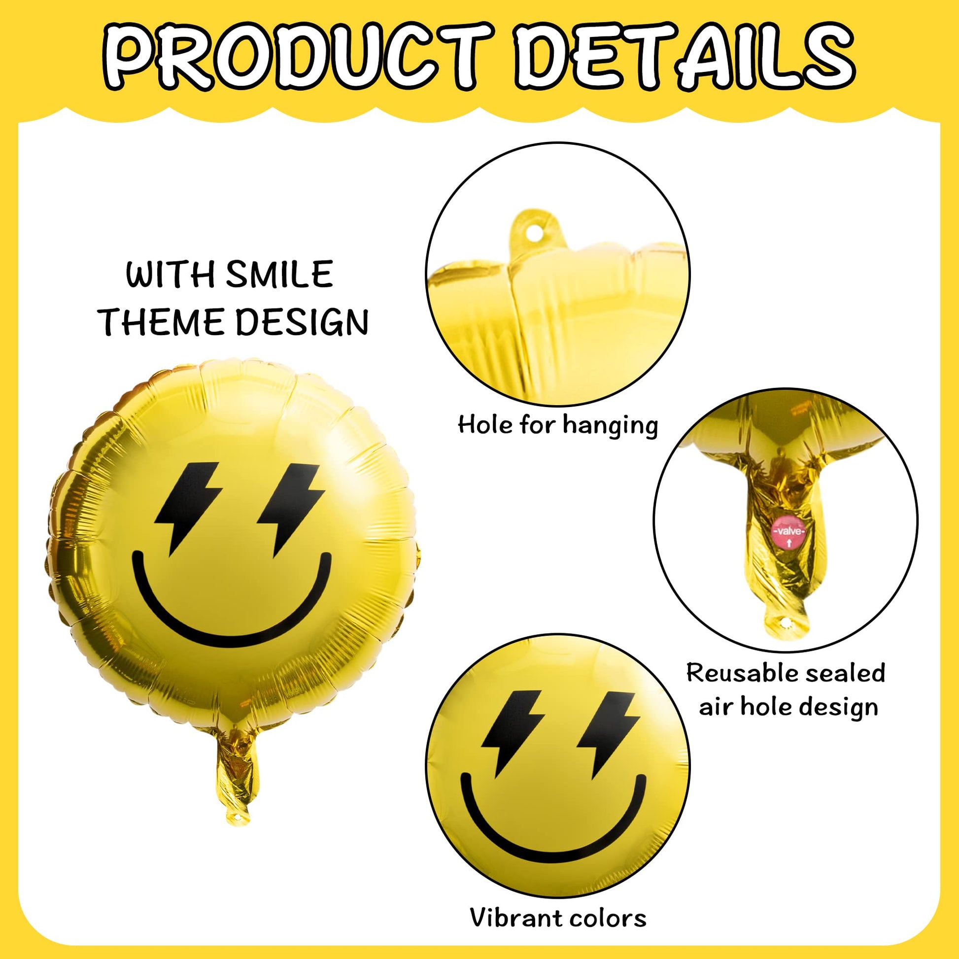 Wood Homing 8PCS 18 Inch Smile Party Checkered Helium Balloons, Yellow Smile Face Preppy Theme Birthday Party Decorations, Yellow Lightning Balloons