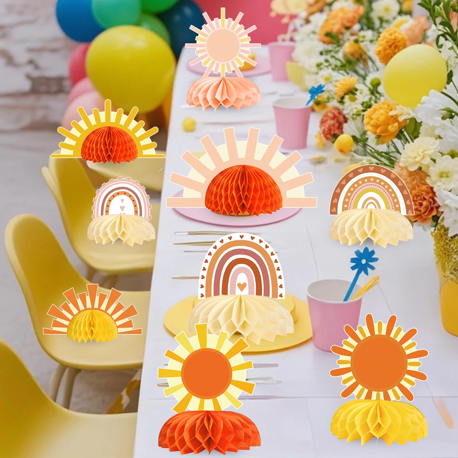 9pcs Boho Sun Honeycomb Centerpieces, First Trip Around The Sun Decorations, Boho Rainbow Sunrise Party Decorations, Sunshine Birthday Table Toppers
