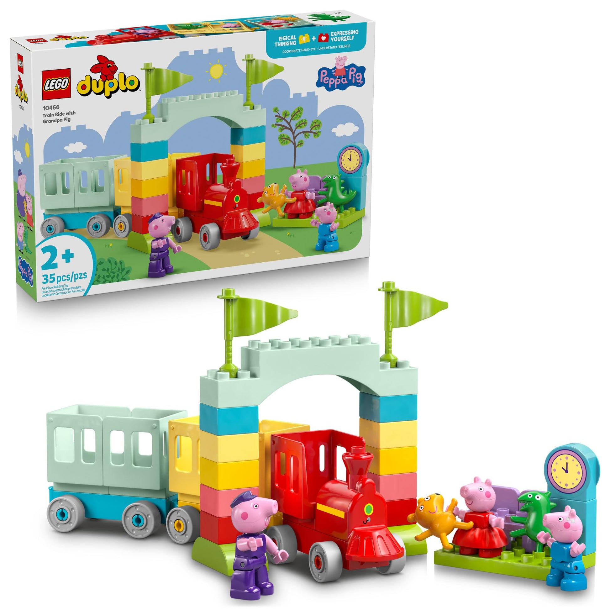 LEGO DUPLO Peppa Pig Train Ride with Grandpa Pig Building Toy - Train Toy for Toddlers, Ages 2+ - Sensory Toy for Girls & Boys - W/ 3 Figures -