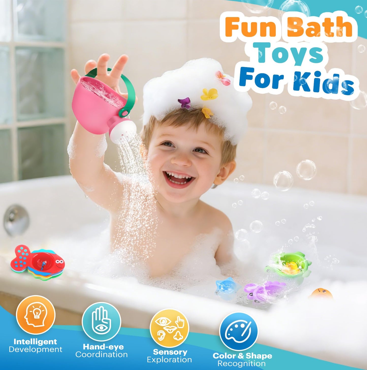 Baby Bath Toys for Kids Ages 1-3 9PCS Toddler Bath Toys Mold Free for 2-4 with Watering Can & Stacking Cups Colorful Bathtub Pool Water Toys for 1+