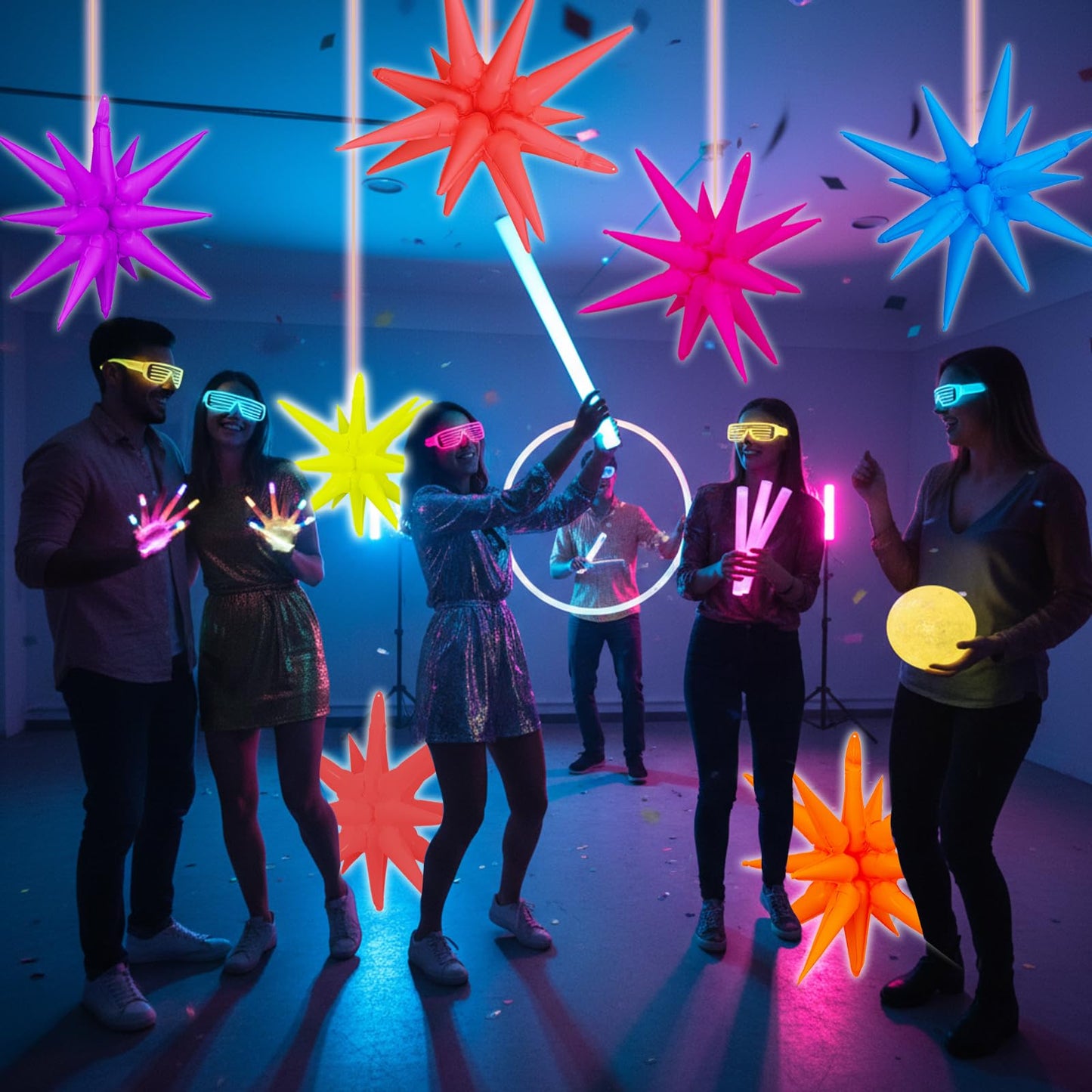 14PCS Glow in The Dark Neon Star Balloons Kit 7 Colors 27in Party