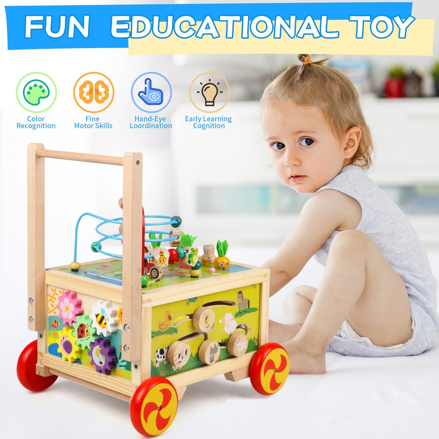 Wooden Activity Cube 7-in-1 Montessori Toy Multipurpose Educational Learning Toy for 1+ Year Old Baby Toddler Kid Boy First Birthday Gift Bead Maze