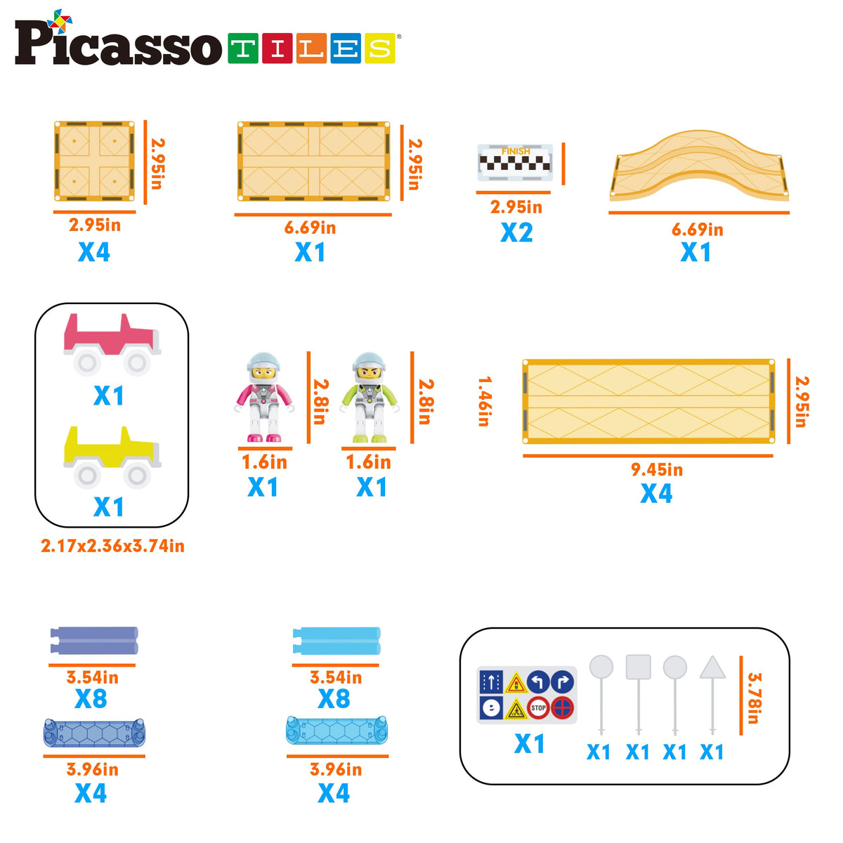 PicassoTiles Magnetic Race Track Car Slide Magnet Building Blocks Tiles Sensory Toys for Kids Toddlers Include Trucks Character Action Figures STEM