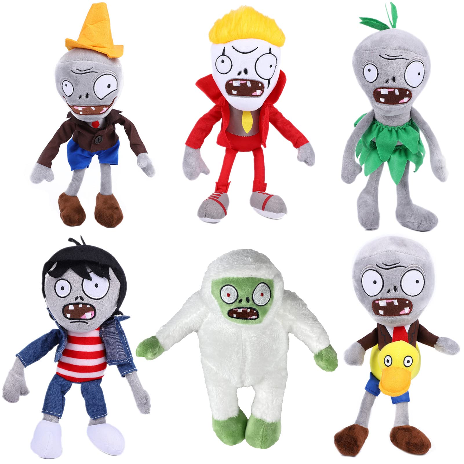 JHESAO 6 PCS Plants and Zombies Plush Green Skirt Zombies Plushies Sets Toy Conehead Zombie, 1 2 Stuffed Soft Duck Zombie Doll, Yeti PVZ Plush Figure