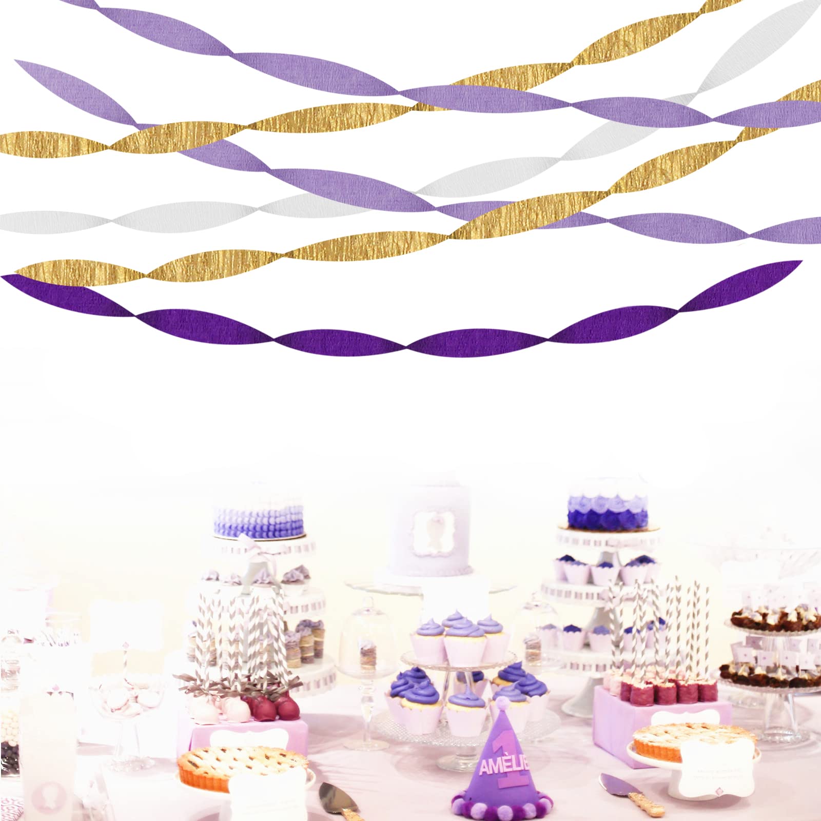 Purple-Gold Party Decorations Crepe-Paper Streamers - 8 Rolls White Purple Lavender Graduation Steamer Woman Birthday Wedding Bridal Shower Paper