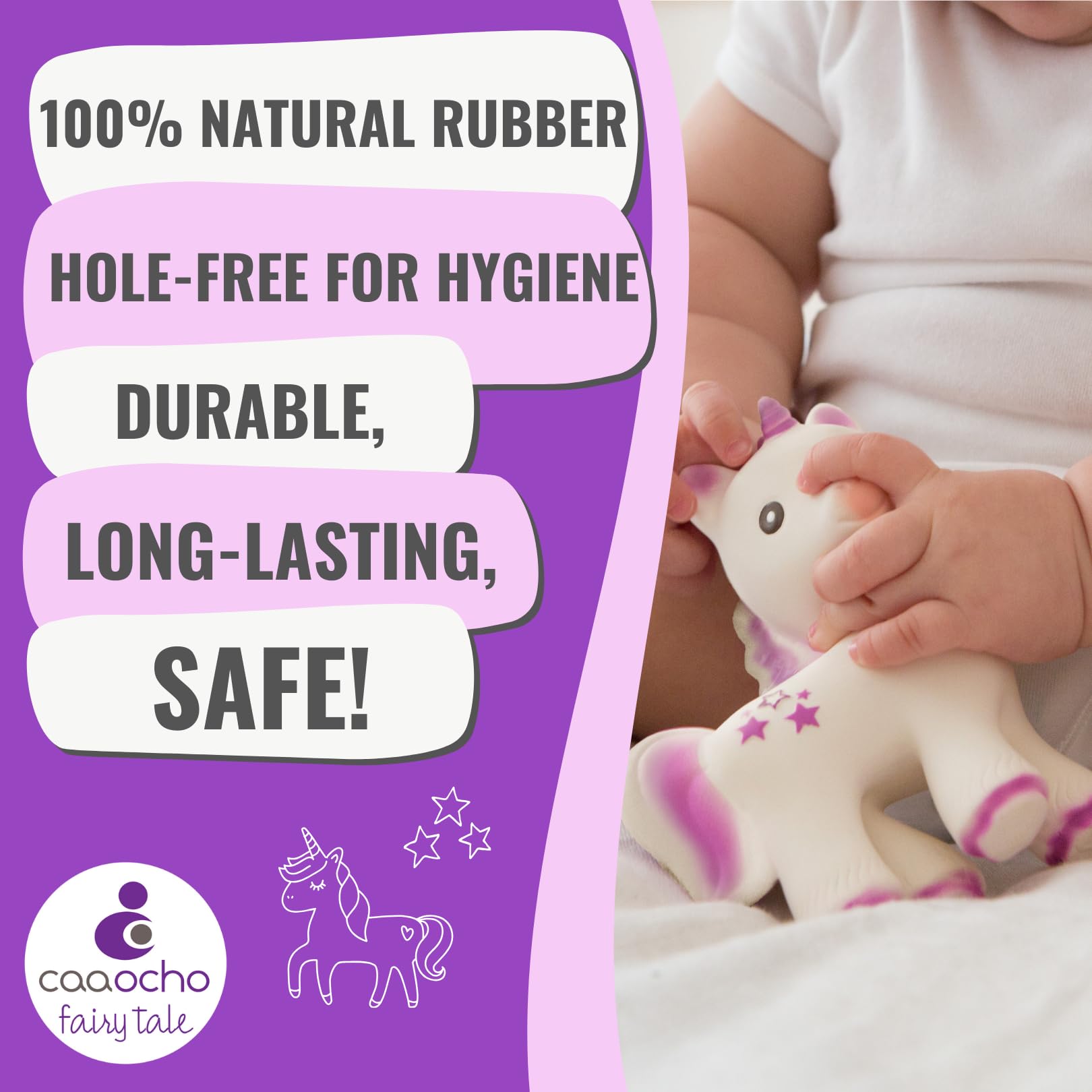 CaaOcho Pure Natural Rubber Teething Baby Toy - Mira The Unicorn Teether for Babies, BPA Free Baby Toy, All Natural Teething Toys for Babies 0-6, Safe