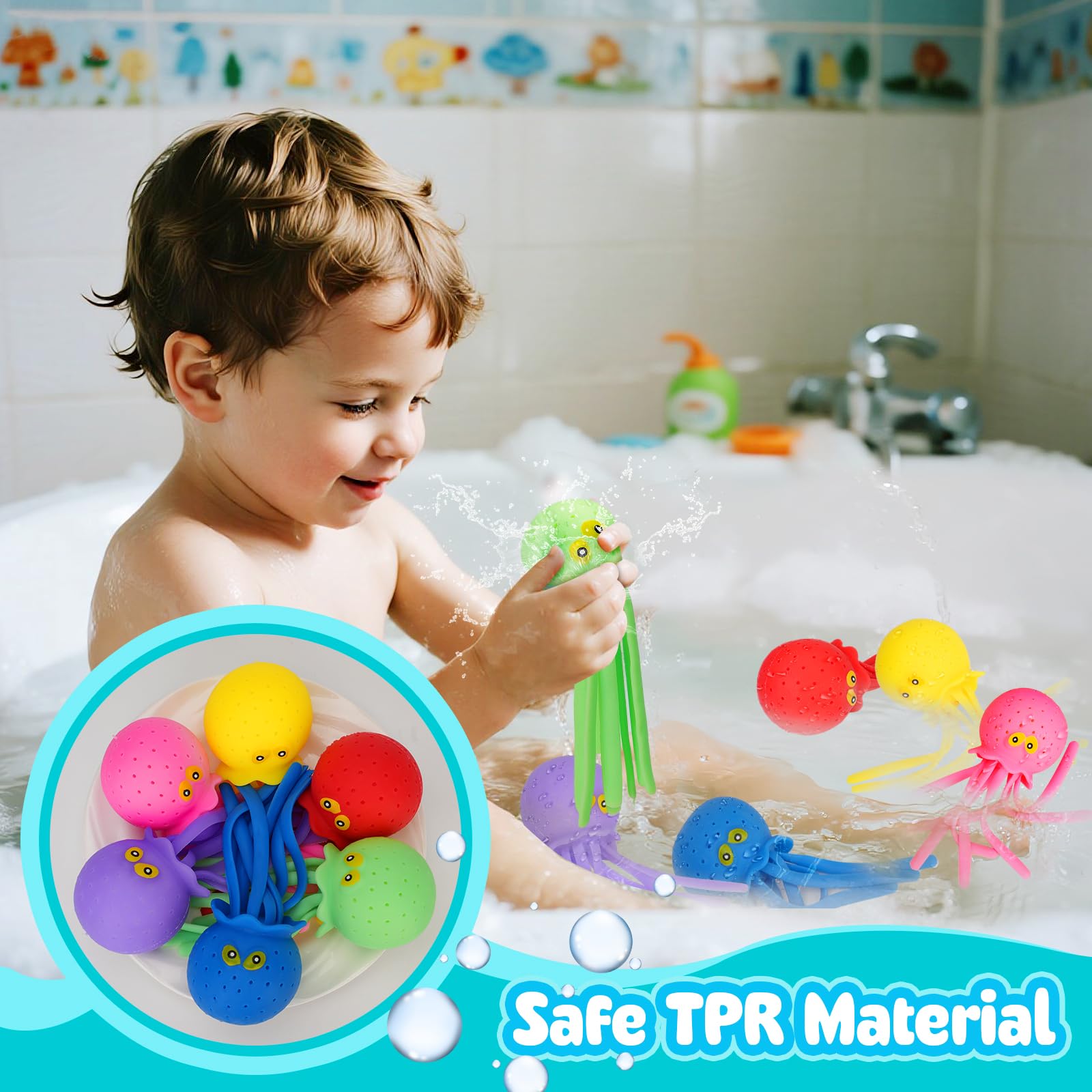 6 Pcs Octopus Water Balls Bath Toy, Sensory Stress Relief Floating Pool Beach Bathtub Toy Reusable Water Bomb Splash Balls, Christmas and Easter