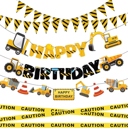 Construction Party Supplies Dump Truck Party Decorations Set with caution tape, construction pennant flags, Happy Birthday Banner, Vehicle Banner
