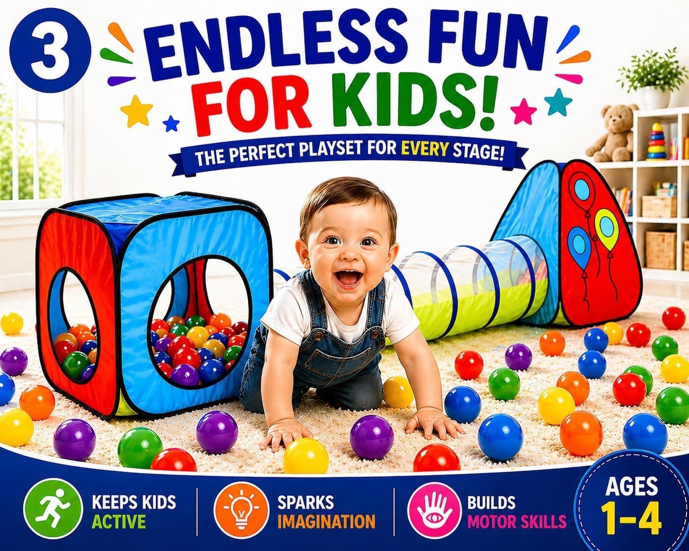 Kiddey Tunnel and Ball Pit Play Tent | 3pc Pop Up Toddler Gym Tunnels with Tents for Kids, Toddlers, Infants Boys & Girls | Indoor & Outdoor Gift Game