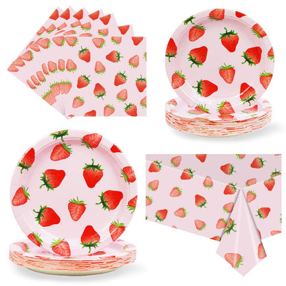 Strawberry Party Tableware Set,Strawberry Birthday Decoration,Summer Fruit Party Supplies Paper Plates Napkins Tablecloth for 25 Guests Great