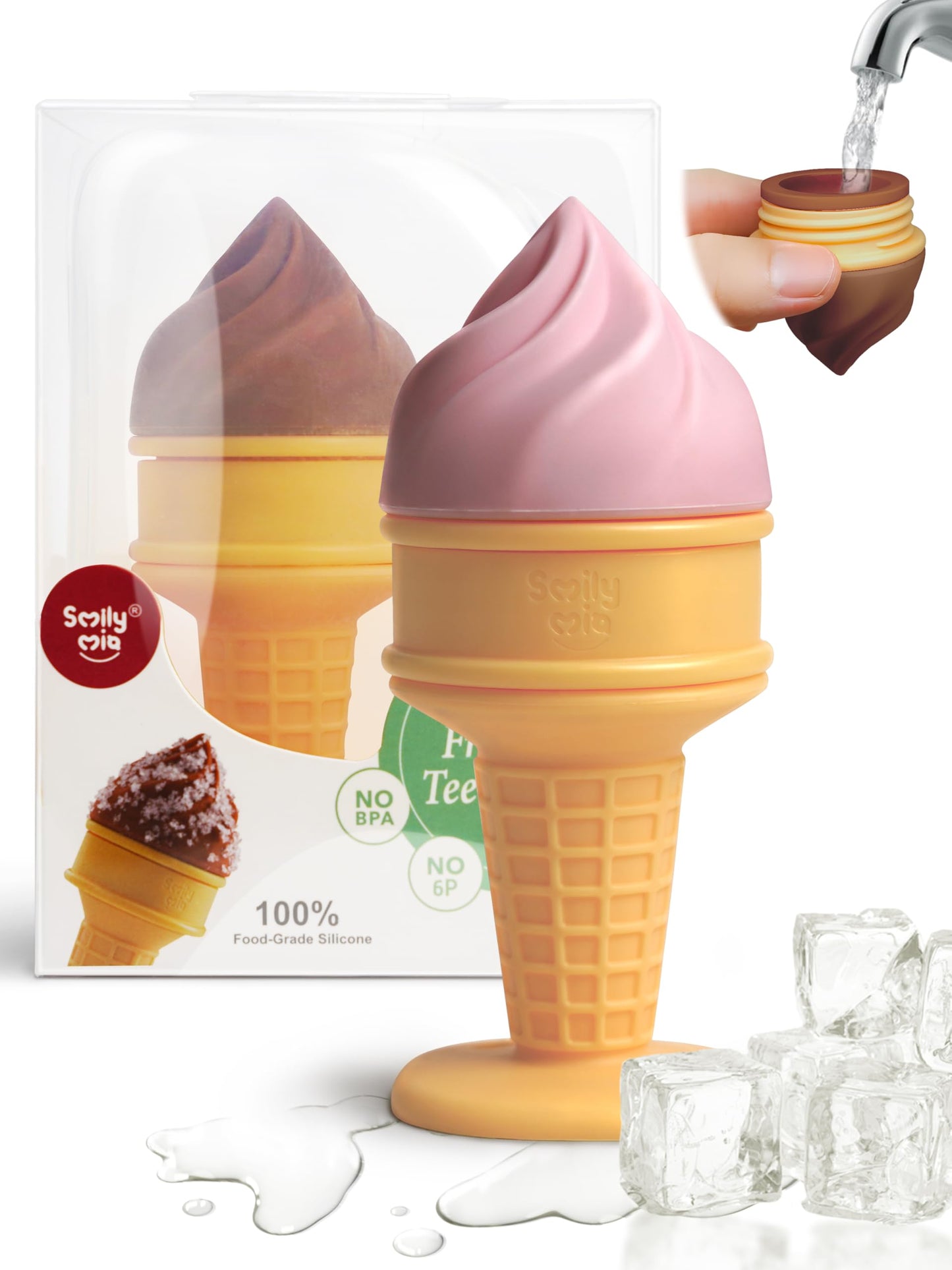 Smily Mia Ice Cream Cone Baby Teething Toys, Water-Filled Freezable Teether for Babies&Infants, Teething Relief for 0-18 Months, Not-Too-Cold-to-Hold