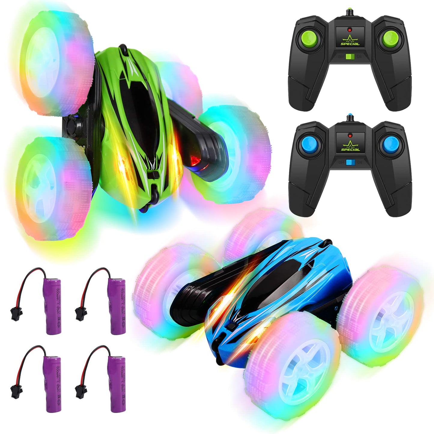 FunsLane 2 Pack Remote Control Car Toys for Kids, RC Stunt Cars with Wheel Lights, 2.4GHz Drift High Speed 4WD Off Road Double Sided 360° Rotating