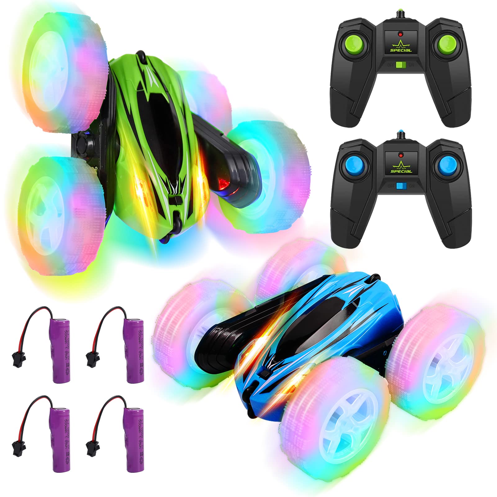 FunsLane 2 Pack Remote Control Car Toys for Kids, RC Stunt Cars with Wheel Lights, 2.4GHz Drift High Speed 4WD Off Road Double Sided 360° Rotating