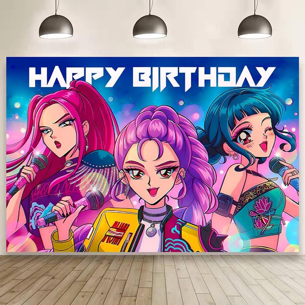 Demon Movie Hunters Birthday Decorations,Demon Movie Hunters Happy Birthday Banner Backdrop for Kids Birthday Party Supplies 60 * 40 inches