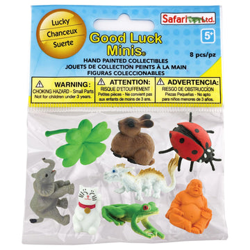 Safari Ltd. Good Luck Minis Lucky Fun Pack - 8 Mini Figurines of Frog, Ladybug, Waving Cat, Dragon, Buddha, Elephant, Rabbit, Four-Leaf Clover