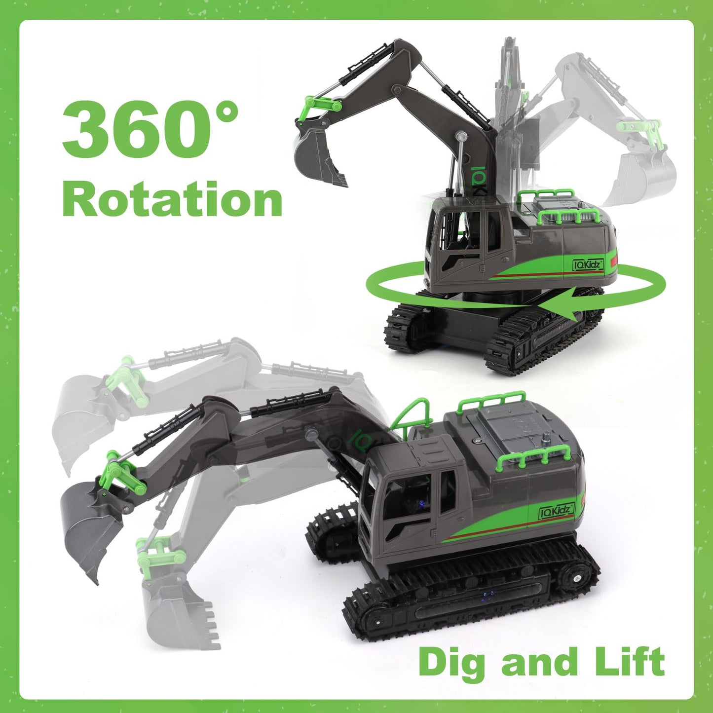 IQKidz Remote Control Excavator Toys for Boys 4-7 Yrs Old - Best Birthday Gift for Kids Age 3 5 8 9 10+, Metal Shovel Construction Vehicles with Light
