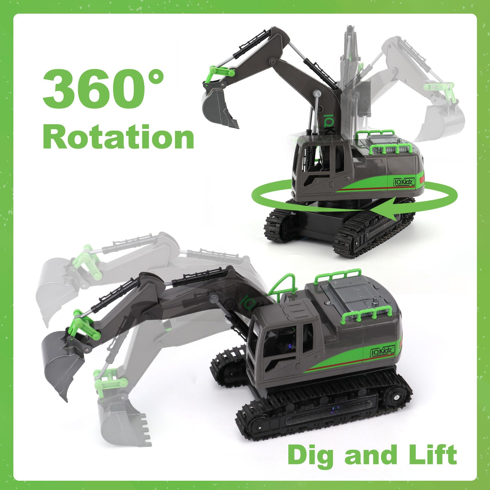 IQKidz Remote Control Excavator Toys for Boys 4-7 Yrs Old - Best Birthday Gift for Kids Age 3 5 8 9 10+, Metal Shovel Construction Vehicles with Light