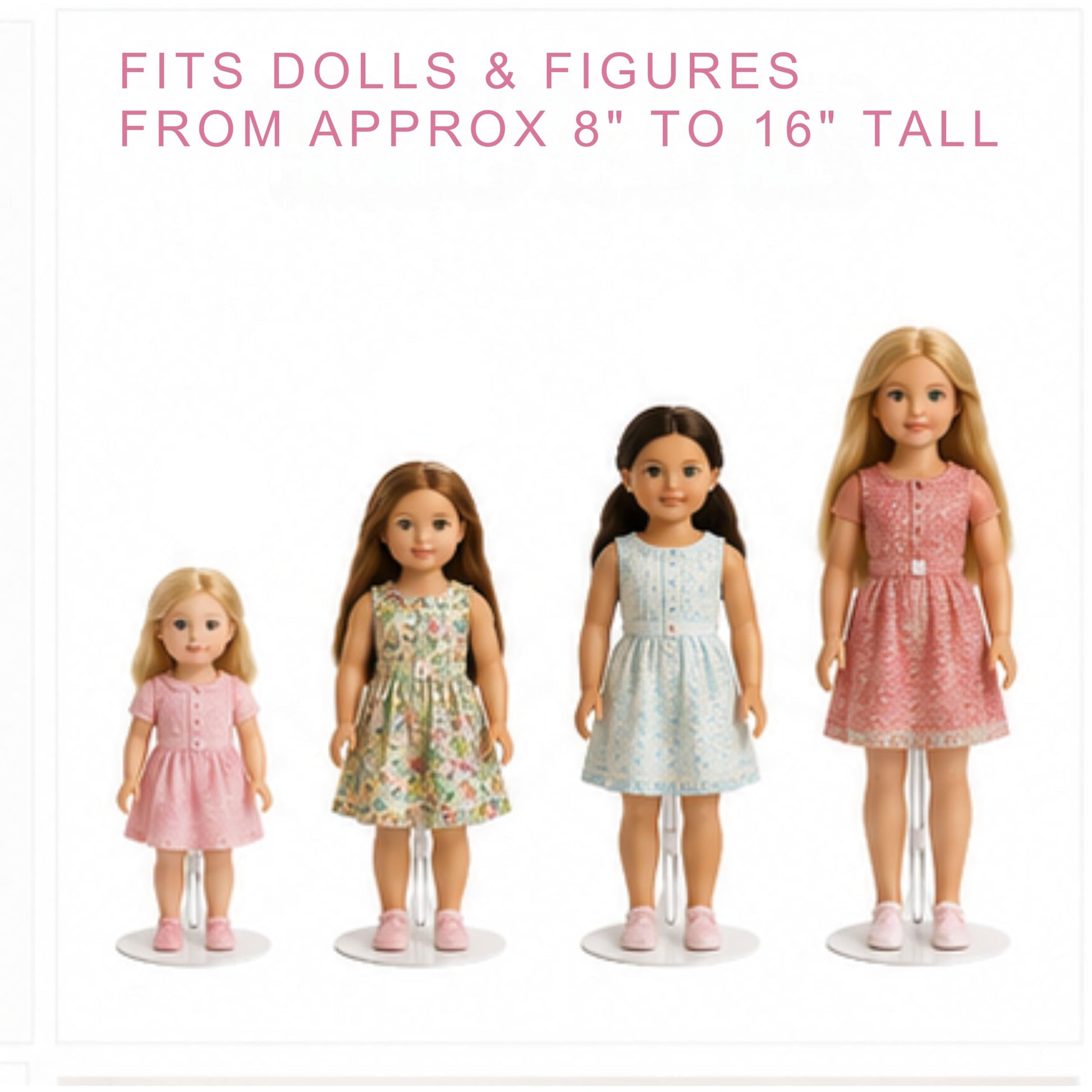 Doll Stands for Approx 8-16 Inch Dolls & Action Figures, Adjustable White Metal & Vinyl Display Holders, Expands 7-13 Inches, Secure Waist Support