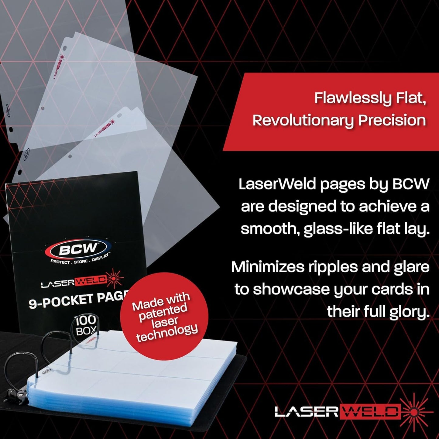 BCW LaserWeld 9 Pocket Pages - 100 Page Pack | Glass-Like Clear Flat Lay | Premium Ultra Flat and Clear Pocket Pages for Cards | Trading Card Binder
