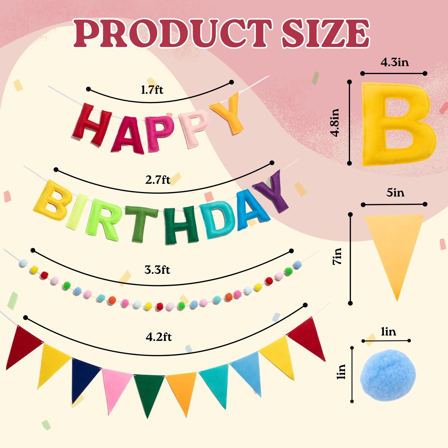 IKMVZM Felt Happy Birthday Banner Set, Pre-Strung 3D Happy Birthday Banner with Pom Pom Garland & Triangle Bunting, Colorful Reusable Birthday Party