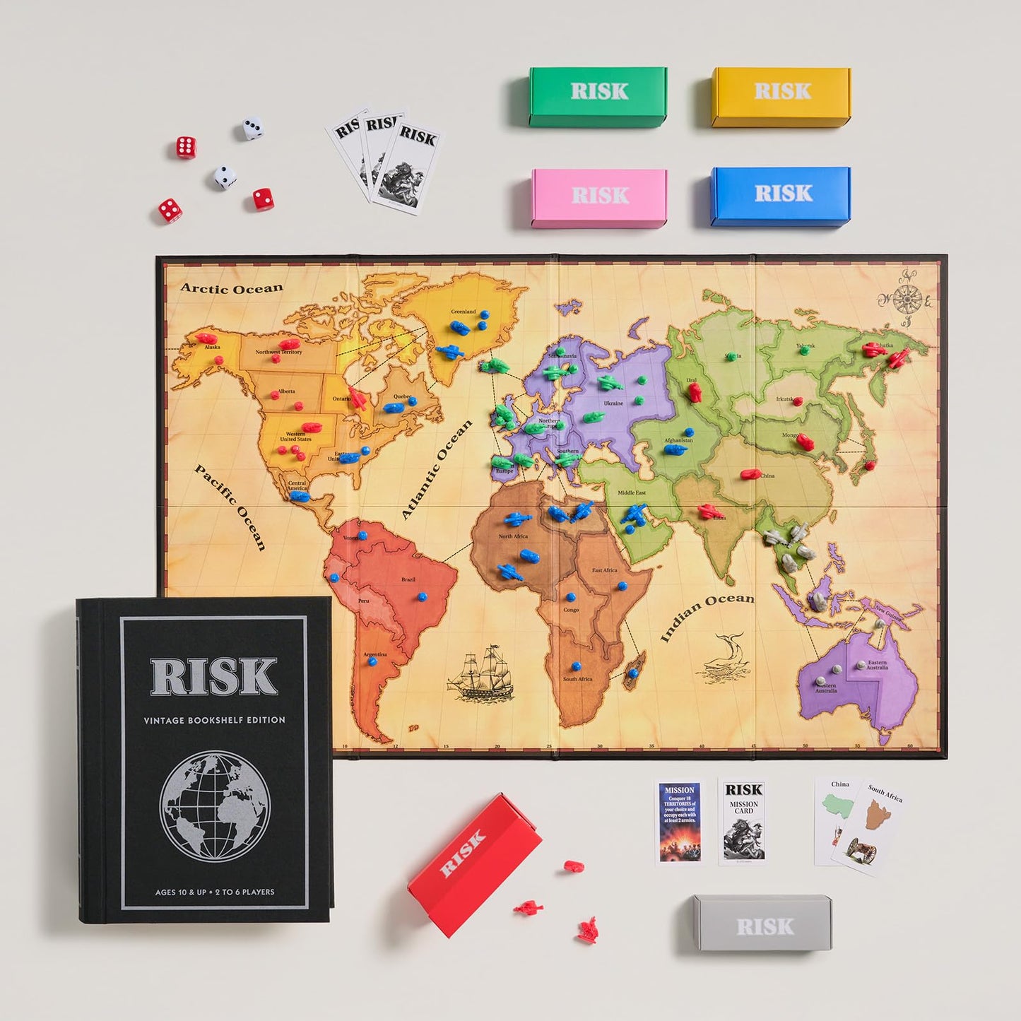 WS Game Company Risk Vintage Bookshelf Edition, Linen Wrapped Book Box & Slipcase - Secret Mission Variant & 6 Armies - Strategy Board Games