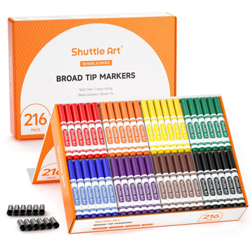 Shuttle Art 216 Pack Washable Markers, 8 Assorted Colors Broad Line Conical Tip Large Markers Bulk with a Box, Bonus Caps, Home Classroom School