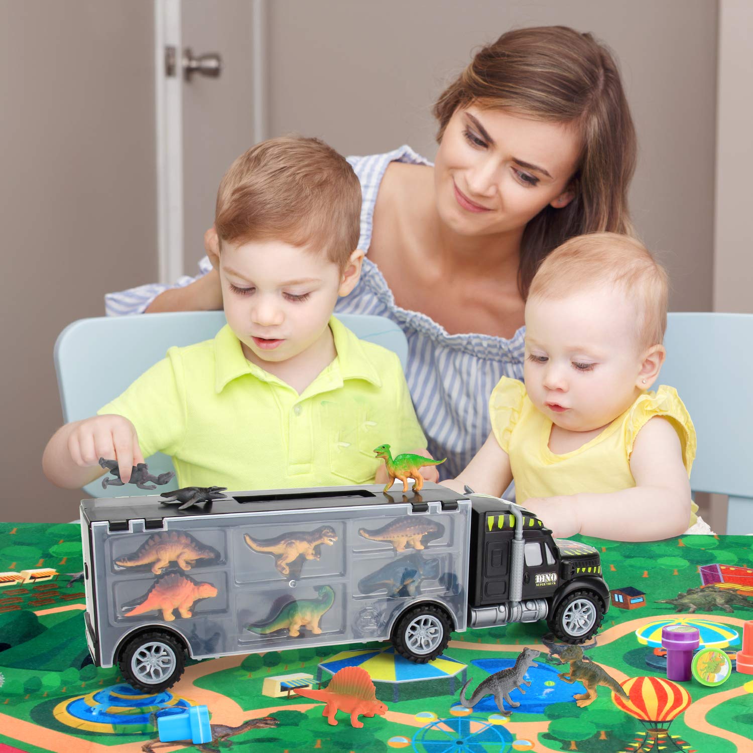 MOBIUS Toys Dinosaur Truck Carrier - Large Transport Truck with 12 Realistic Dino Figures for Kids Ages 3-7 - Durable BPA-Free Dinosaur Storage Toy