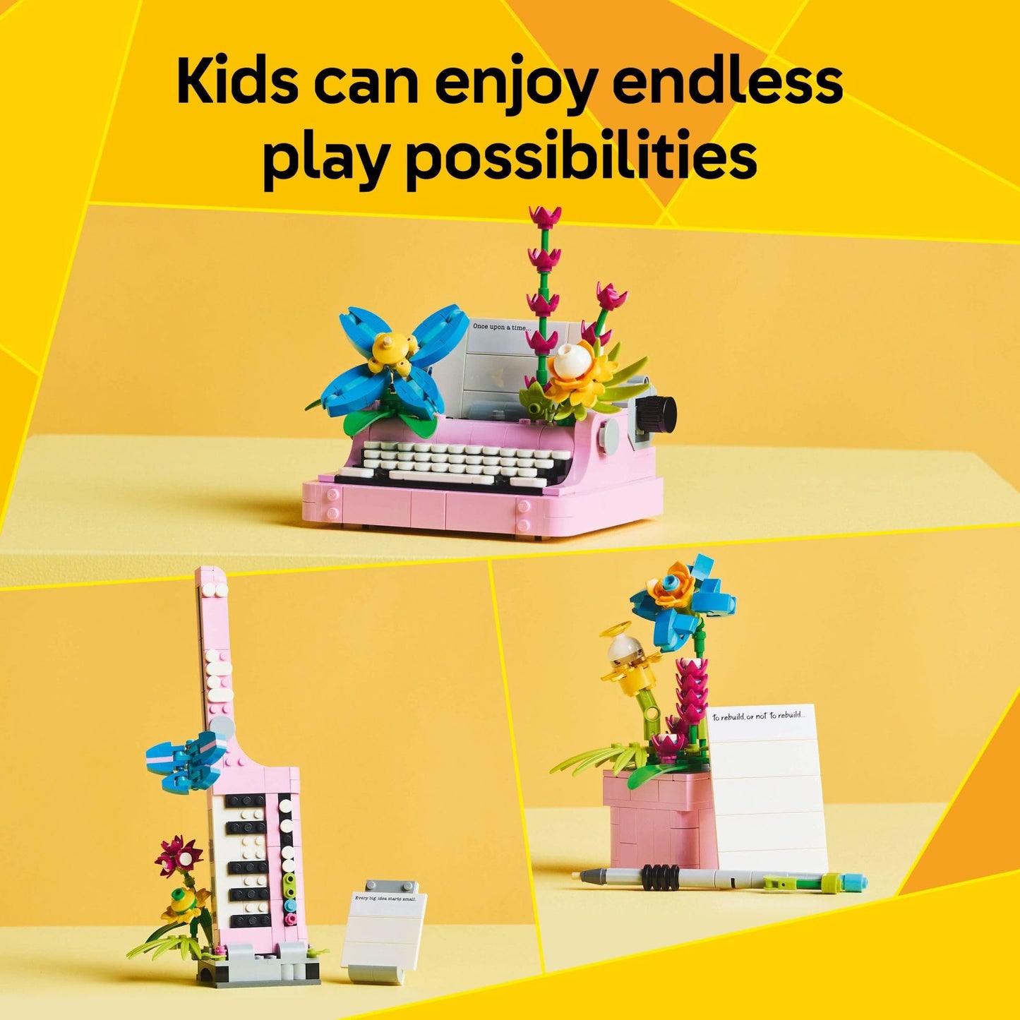 LEGO Creator 3 in 1 Typewriter with Flowers - Building Toy with 3 Building Options, Typewriter, Flowerpot with Pen & Notebook, or Keytar - Gift Idea