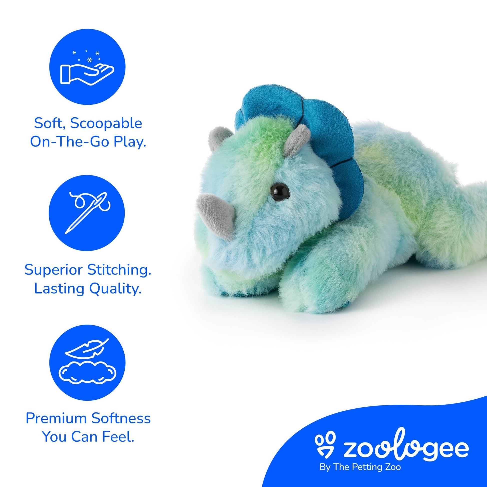 The Petting Zoo Dinosaur Triceratops Stuffed Animal Plushie, Gifts for Kids, Scoopz Dinosaur Animals, Blue Dinosaur Triceratops Plush Toy 8 Inches