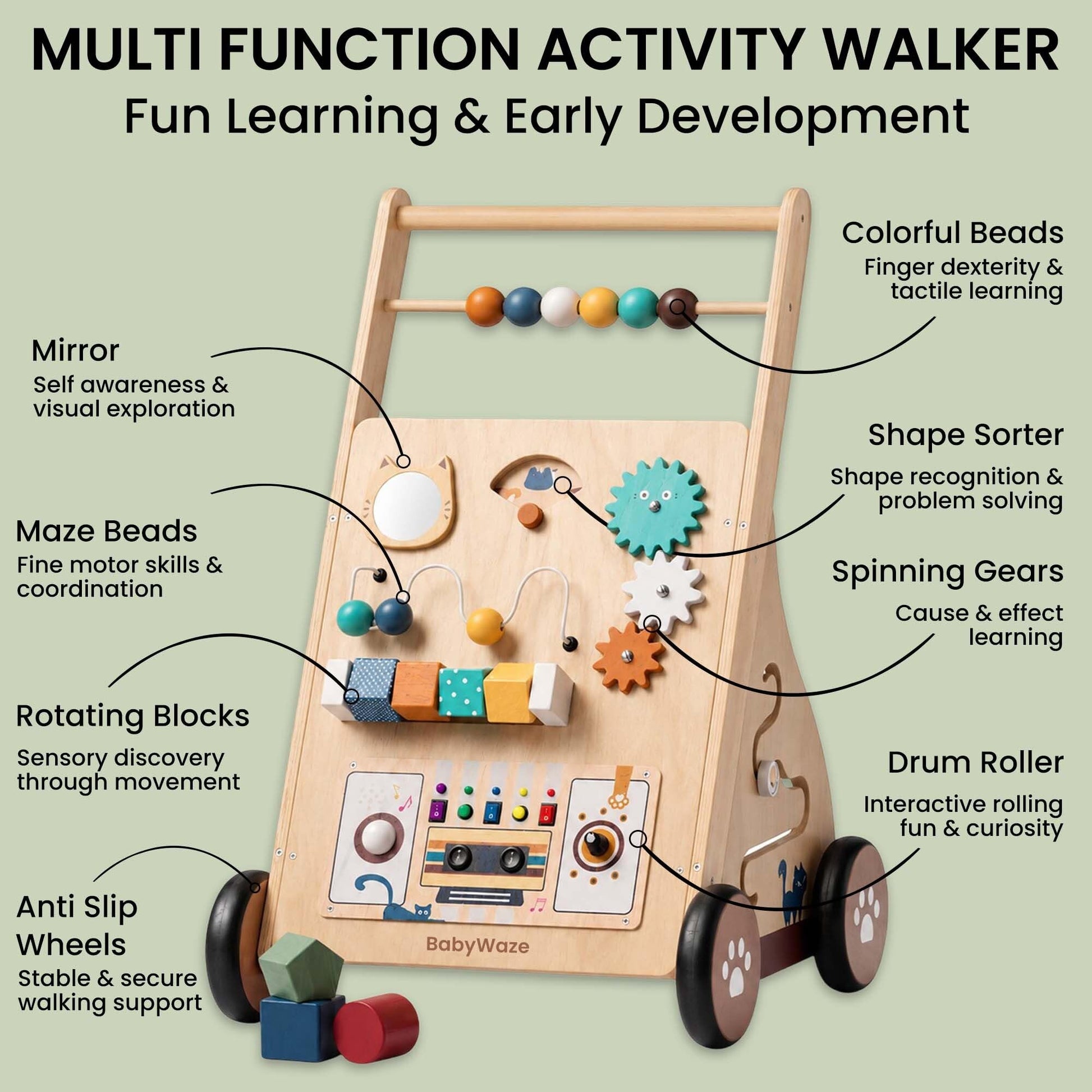 Babywaze Baby Walker with Wheels - Adjustable Speed Wooden Push Walker for Babies 9-18 Months, 3in1 Montessori Sit to Stand Learning Toy with Musical
