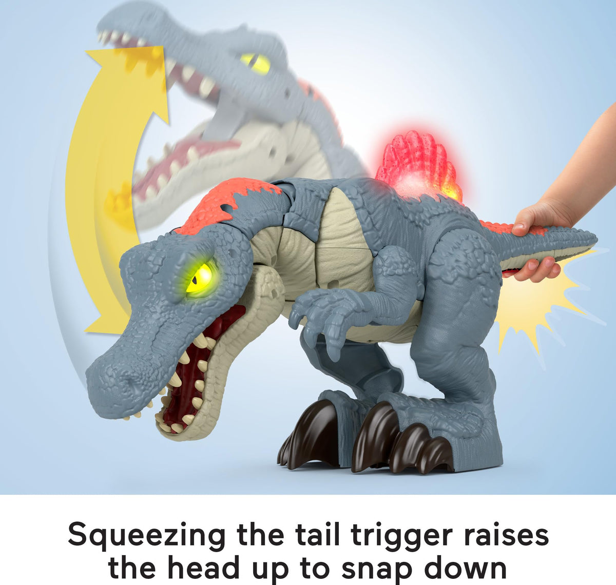 Fisher-Price Imaginext Jurassic World Dinosaur Toy Ultra Snap Spinosaurus, Lights Sounds & Chomping Action, for Preschool Kids Ages 3+ Years