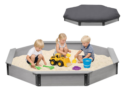 85''x78''x9'' Octagon Sandbox with Cover for Kids Outdoor Play, Wood Large Sandpit with 4 Benches, Quick Easy Install, US. Patented