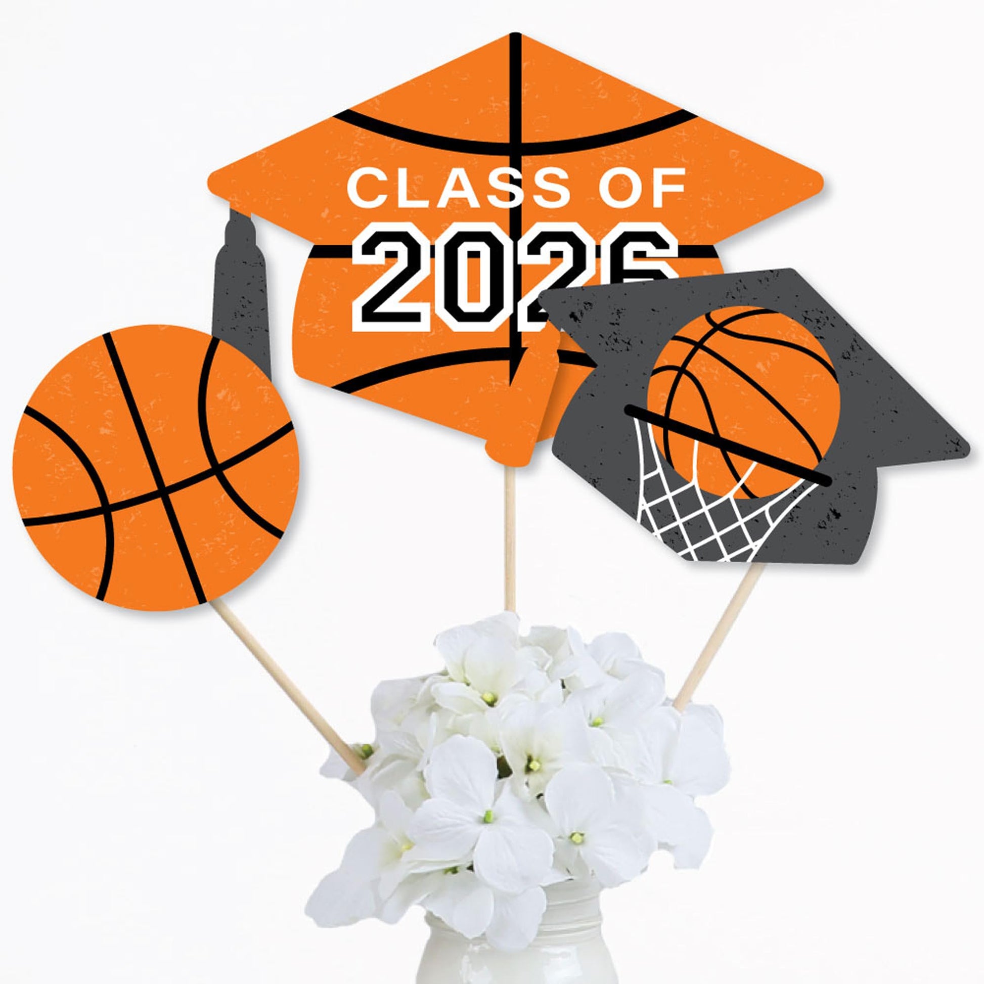 Big Dot of Happiness Grad Basketball - 2026 Graduation Party Centerpiece Sticks - Table Toppers - Set of 15